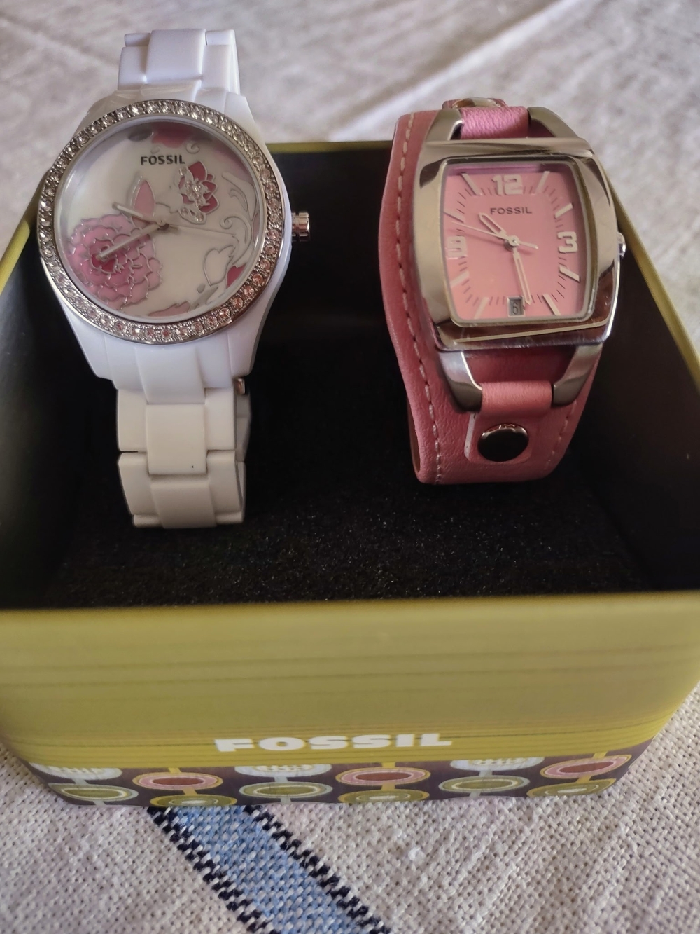 Fossil White Ceramic and Pink Leather Watch Set